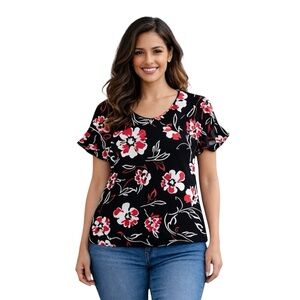 CALVIN KLEIN Womens Floral Top XL Black Red White Short Ruffle Sleeve Round Neck